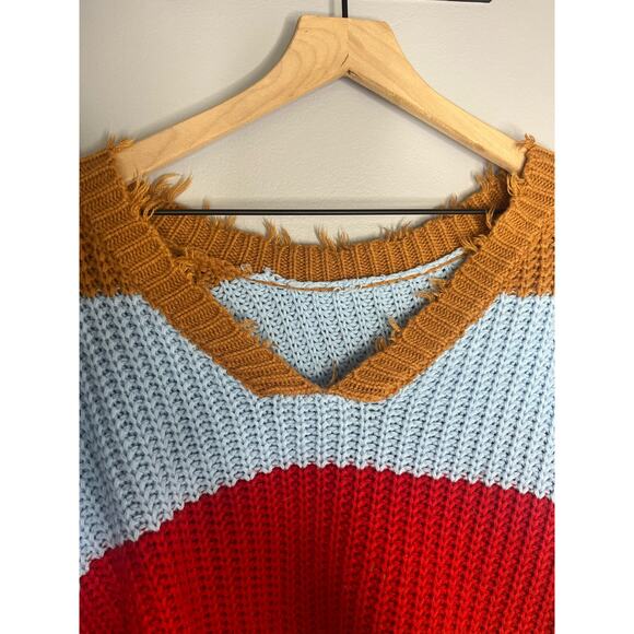 Multi-Colored Stripe Knit V-Neck Sweater with Fringe - Picture 2 of 4
